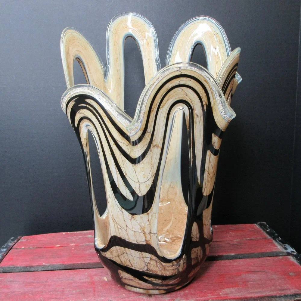 Jozefina Makora Krosno Large Art Glass Vase Poland Beige Black Marble Pulled